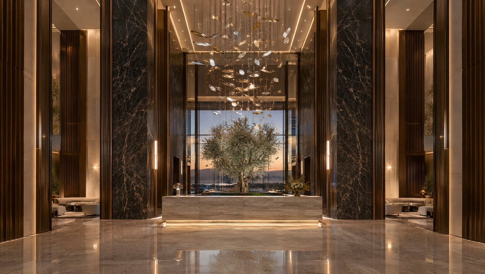 Double-height marble lobby