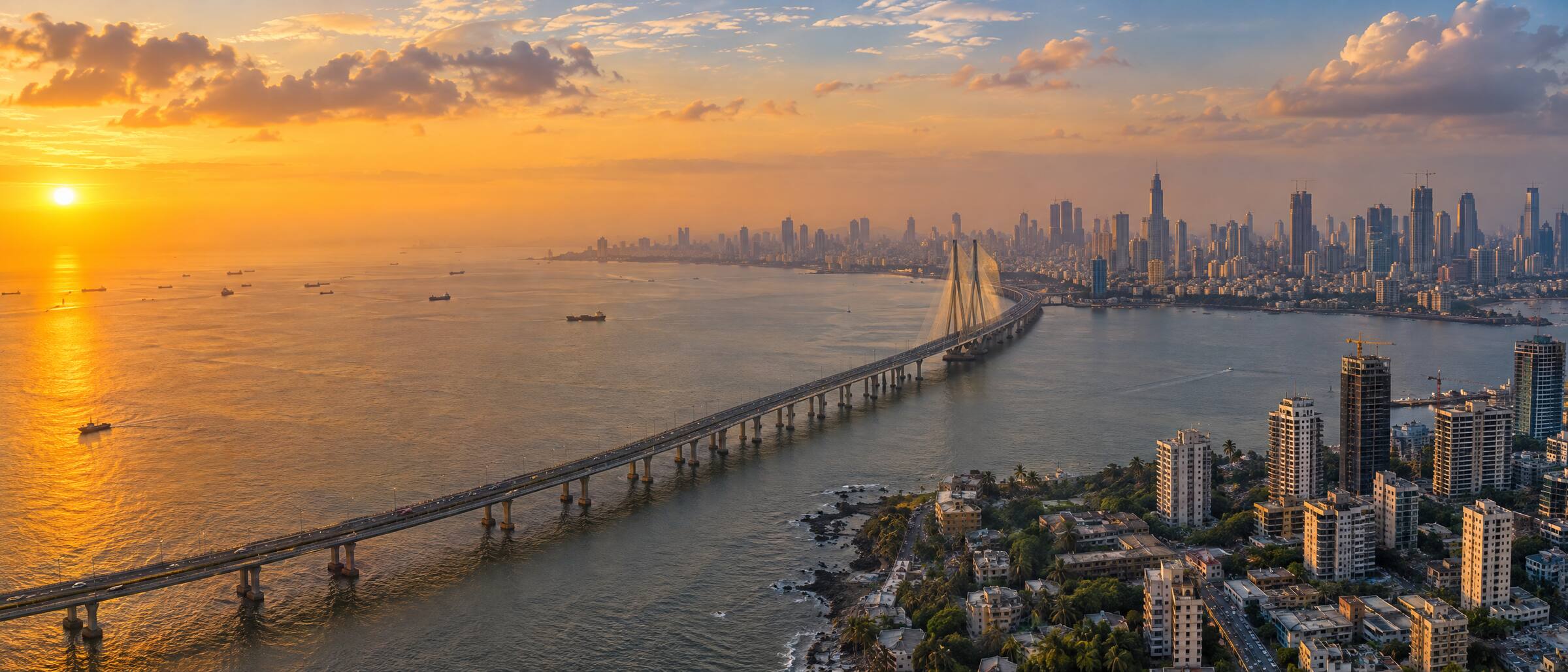 Panoramic view over the Bandra-Worli Sea Link and Mumbai skyline