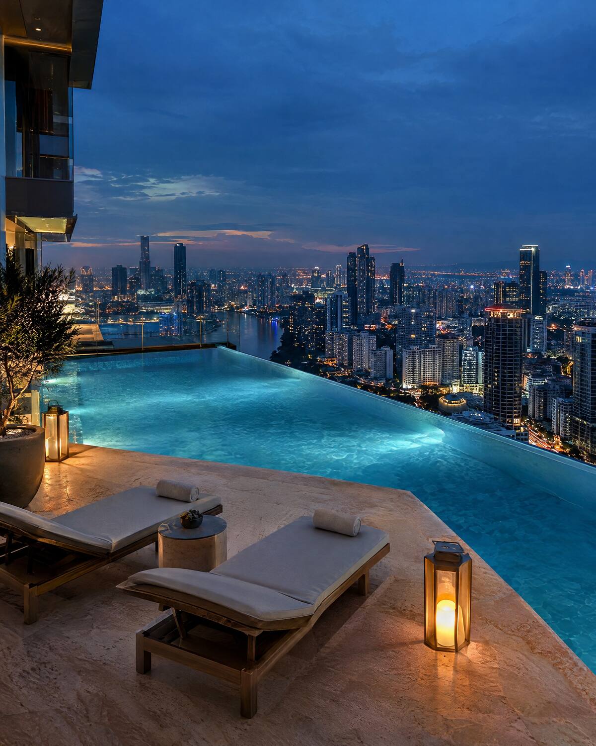 Rooftop infinity pool at blue hour