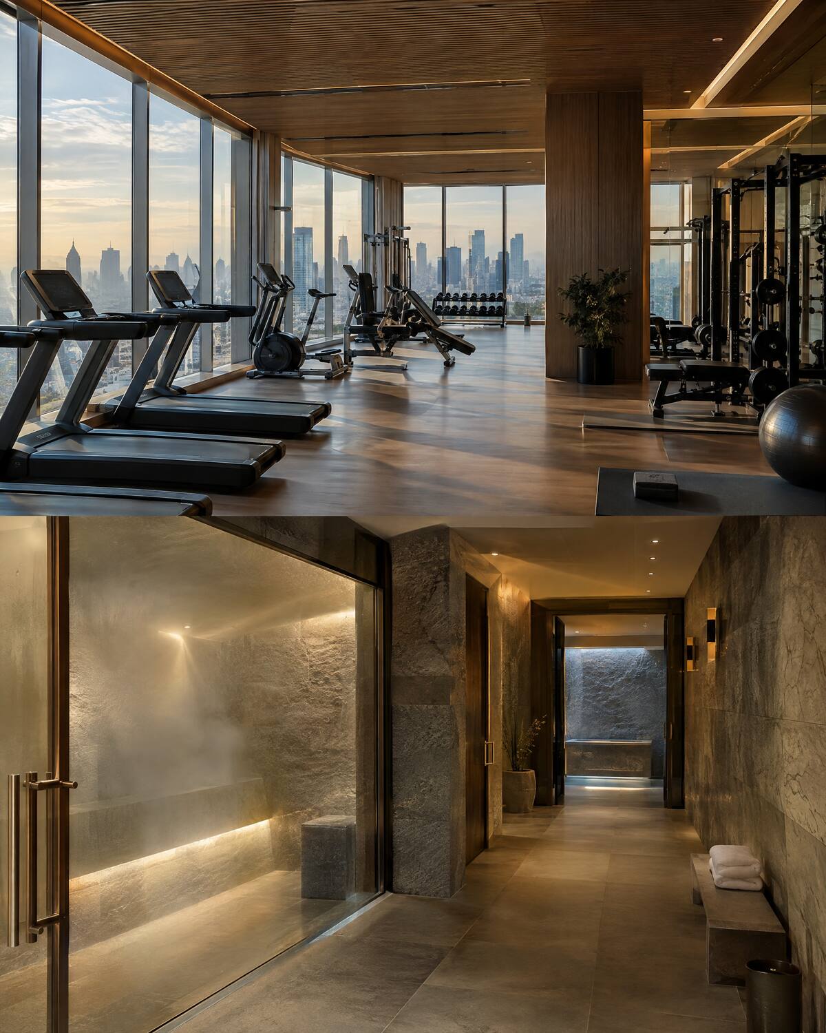 Glass-walled gym and stone spa