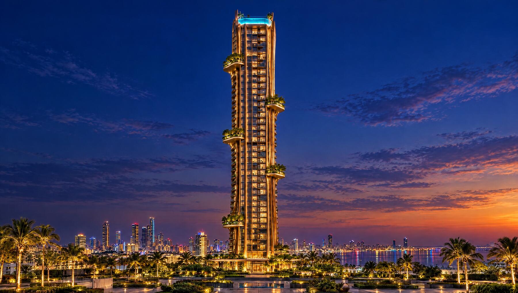 Elevara tower lit at blue hour